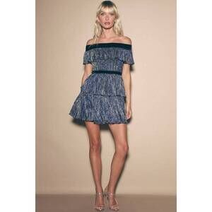 Lulus Totally Glam Navy Blue Metallic Tiered Off-the-shoulder Dress - Size L